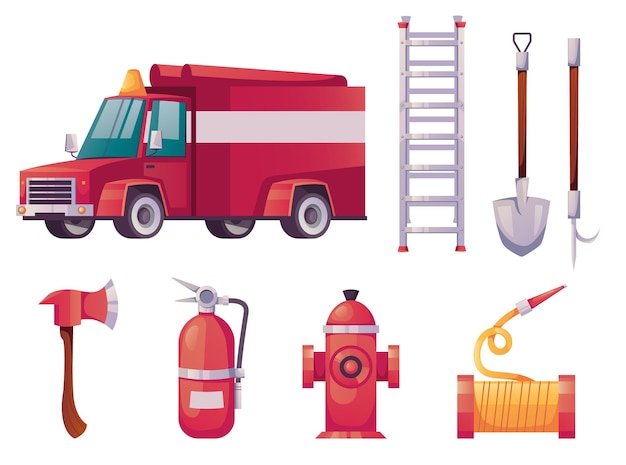 Elementi di design grafico piatto della raccolta dell'insieme isolato degli strumenti di lavoro del vigile del fuoco