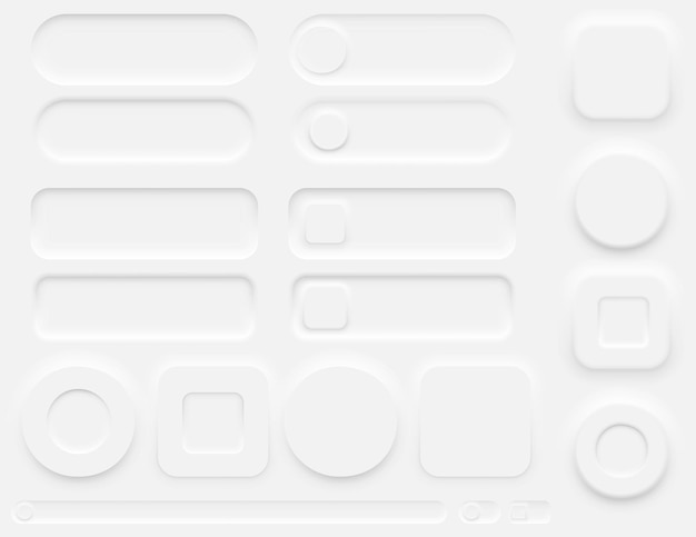 Elementi di design neumorfici Impostare pulsanti Bar Switcher Cursori in semplice per interfacce di siti Web di app