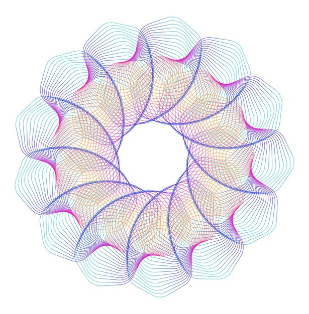 Elementi di design Onda di molte linee viola cerchio anello Strisce ondulate verticali astratte su sfondo bianco isolato Illustrazione vettoriale EPS 10 Onde colorate con linee create utilizzando lo strumento di fusione