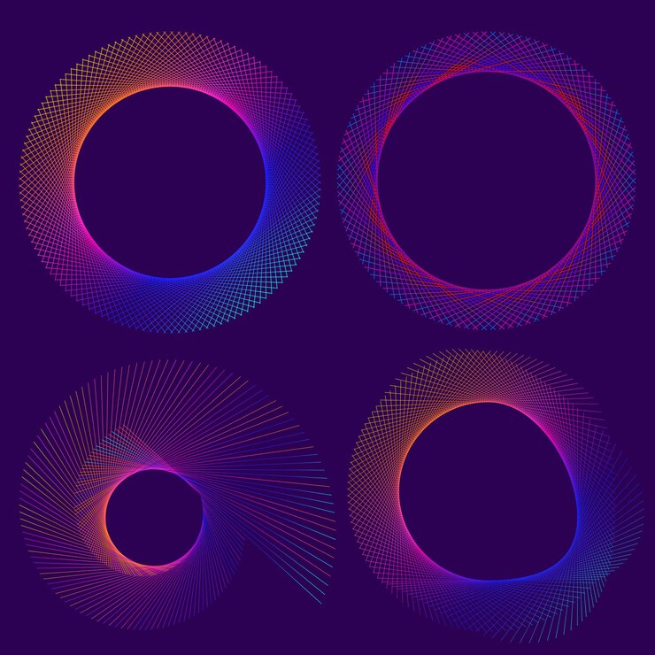 Vettore elementi di design onda di molte linee viola cerchio anello strisce ondulate verticali astratte su sfondo scuro illustrazione vettoriale eps 10 onde colorate con linee create utilizzando lo strumento di fusione