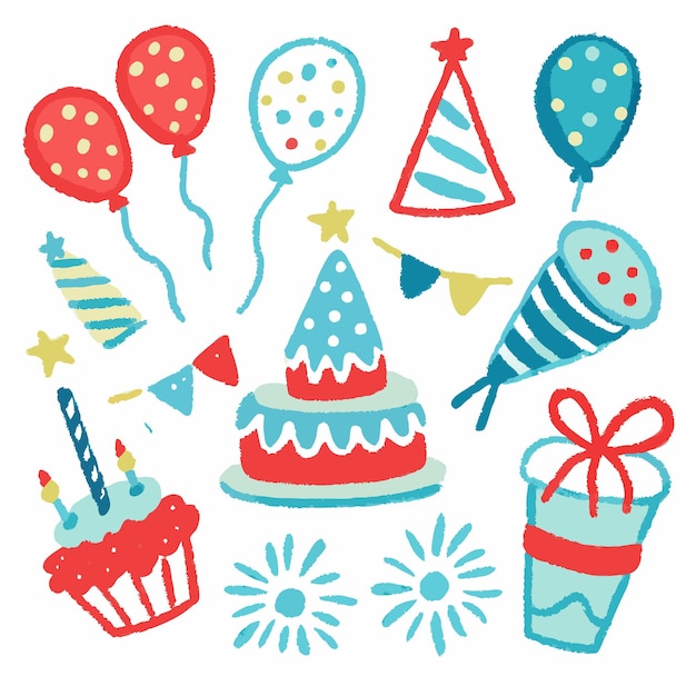 Elementi di festa di compleanno disegnati a mano celebrazione giocosa colorata