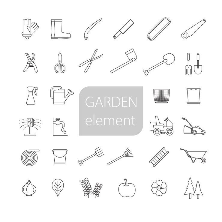 Vettore elementi di giardino strumenti di giardino con semplice linea grafica