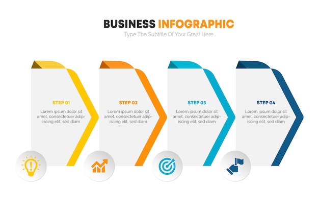 Elementi di infografica aziendale con campi di testo freccia numerati in colori sfumati