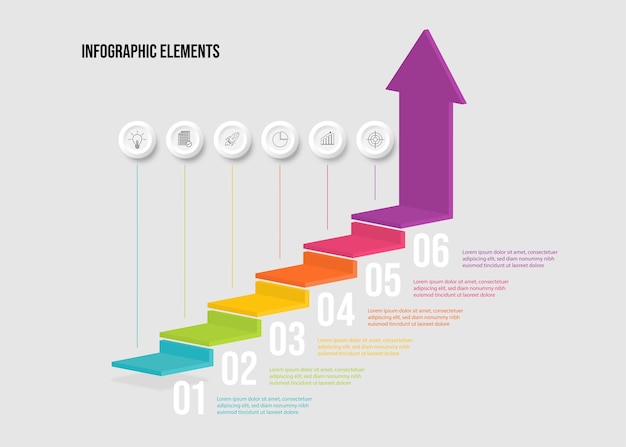 Elementi di infografica scala 3d colorati moderni design con 6 opzioni.