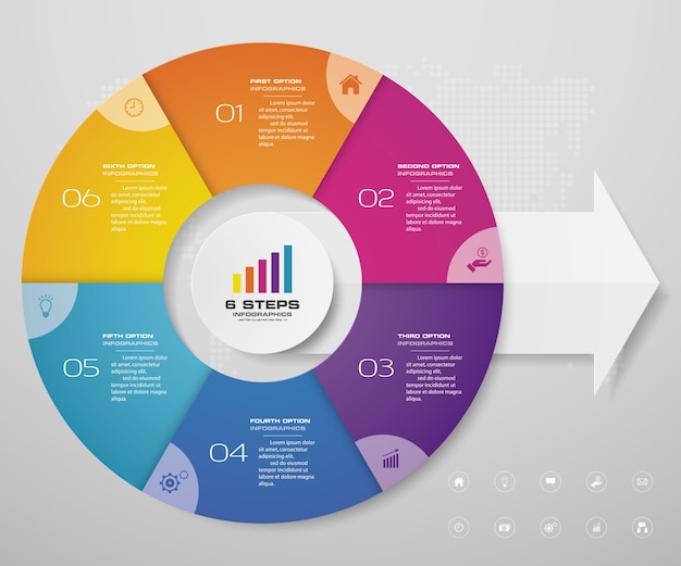 Elementi di infographics del grafico del ciclo di 6 passaggi per la presentazione dei dati.