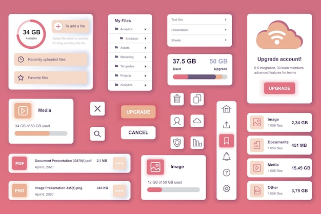 Elementi di interfaccia utente impostati per l'app mobile di archiviazione cloud o il modello di web Kit con gestione di file HUD sistema di sicurezza online aggiornamento di account hosting dati Pacchetto di componenti UI UX GUI Vector