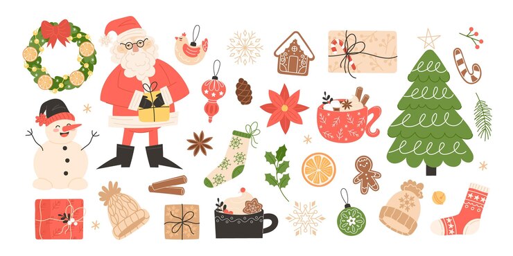 Vettore elementi di natale con babbo natale e decorazioni