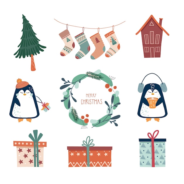 Elementi di Natale e Capodanno Illustrazione di un albero di Natale calzini ghirlanda regalo casa pinguino