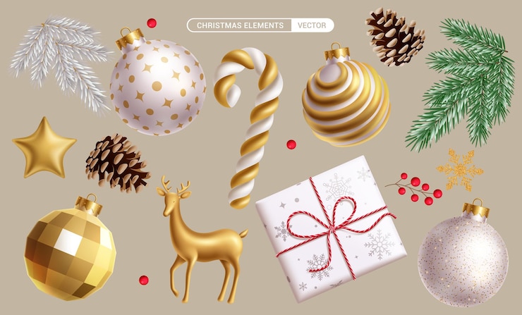Vettore elementi di natale elegante set vettoriale di design natale elemento 3d come palle luccioli canna da caramella