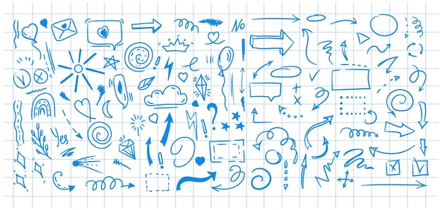 Elementi di stile di linea semplice Doodle elementi di linea di inchiostro carino sullo sfondo di un foglio di quaderno a scacchi