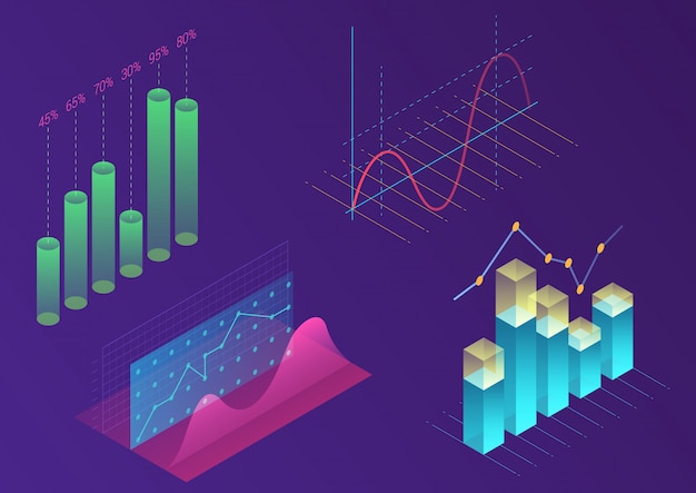 Elementi di vettore infographic di colore sfumato moderno luminoso. Progettazione isometrica 3D per promozione, presentazione, banner di vendita, progettazione di report sul reddito, sito Web elegante