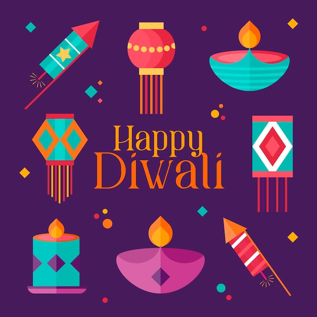 Elementi Diwali Set di articoli per il festival indiano delle luci Segni colorati deepavali Illustrazioni vettoriali