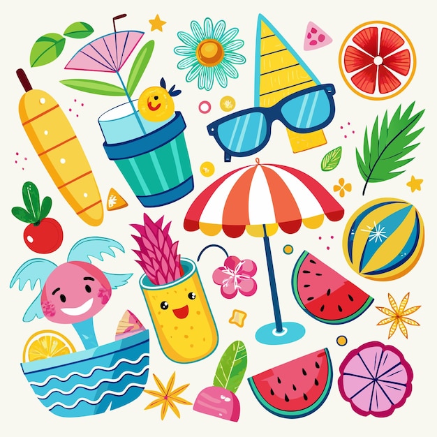 Elementi estivi colorati con facce caricaturistiche carine