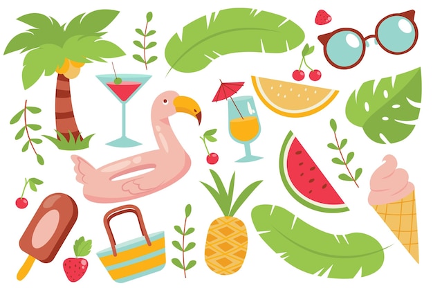 Elementi estivi isolati impostati in design piatto. Fascio di albero di cocco, foglie di banano, cocktail