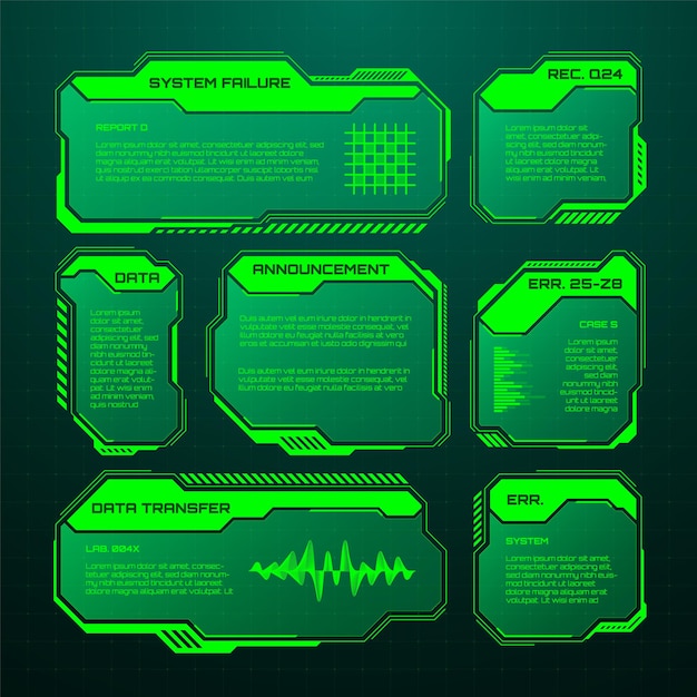 Elementi futuristici hud ui scifi interfaccia utente caselle di testo callouts warning message frames