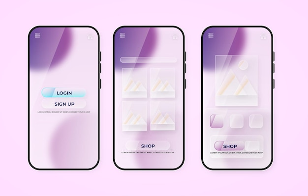 Elementi Gui per l'app mobile Shopping con lo stile Glassmorphism