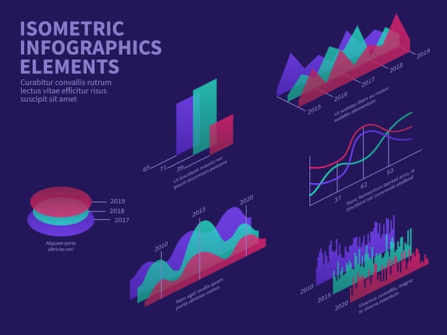 Elementi infographic isometrici Grafici 3d, istogramma, istogramma di mercato e diagramma di livello.