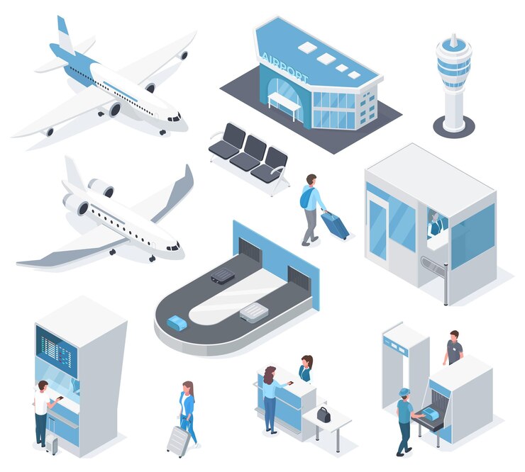 Vettore elementi isometrici aeroportuali passeggeri aereo controllo passaporti e terminal set di illustrazioni vettoriali per il ritiro bagagli e l'edificio dell'aeroporto attrezzature aeroportuali come trasportatore per la scansione dei bagagli