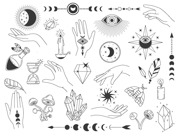 Vettore elementi mistici boho. loghi vintage magici della strega con cristalli, mani, luna e occhi. delineare l'insieme di vettore di disegno del tatuaggio spirituale ed esoterico. illustrazione del tatuaggio magico, mistico boho esoterico