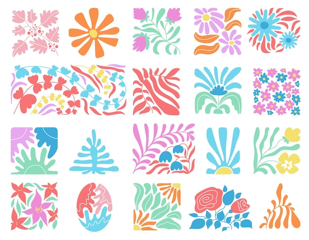 Elementi moderni floreali doodle decorativi Piastrelle botaniche contemporanee astratte design ispirato a Matisse Modelli vettoriali di foglie di fiori alla moda Illustrazione del modello di texture disegno doodle floreale
