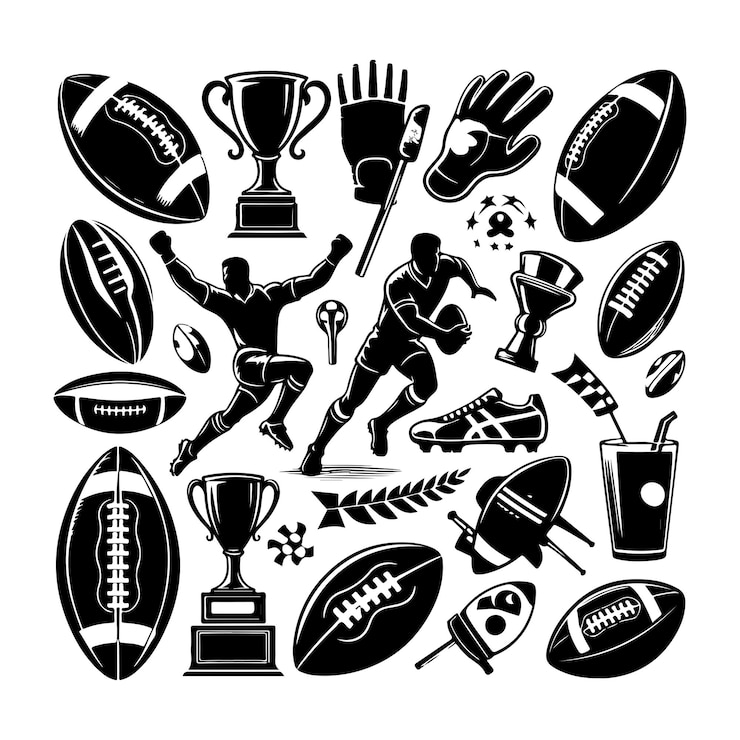 Vettore elementi sportivi vintage di rugby impostano il vettore di silhouette su uno sfondo bianco