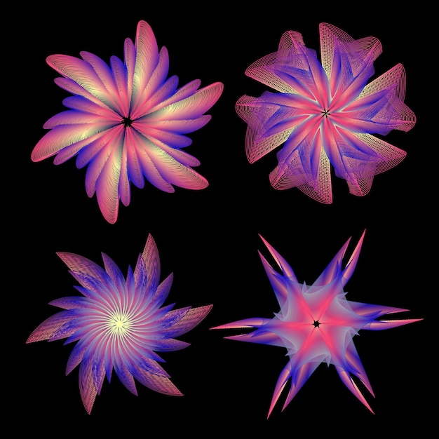 Elemento di decorazione floreale a gradiente geometrico 3D Fiore colorato digitale su sfondo nero Concep