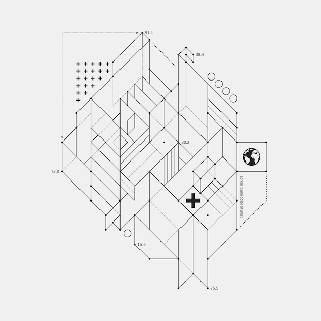 Elemento di design astratto in stile bozza su sfondo bianco. Utile per stampe e poster tecnici.