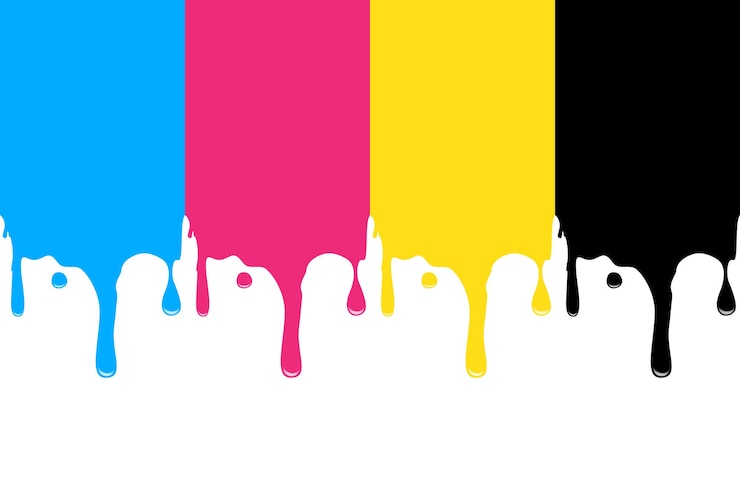 Vettore elemento di design con schizzi d'acqua a colori cmyk su sfondo bianco