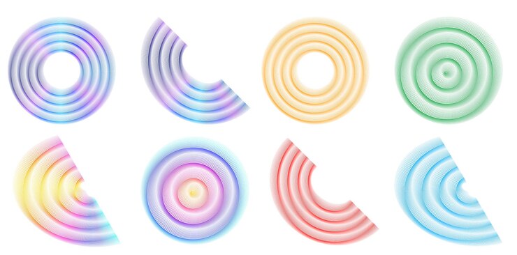Vettore elemento di progettazione del set cerchio colori vettoriali a grassetto isolati anello d'oro da strisce ondulate di luce astratta di molti vortici scintillanti creati utilizzando blend tool illustrazione vettoriale eps10 per la tua presentazione