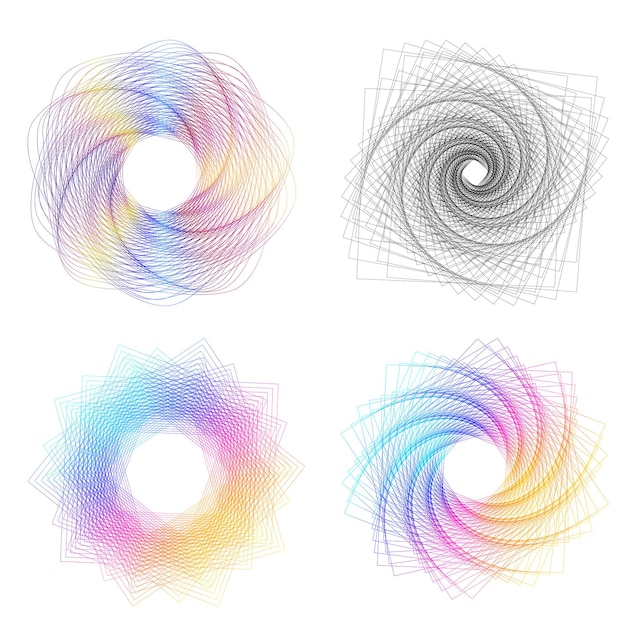 Elemento di progettazione del set cerchio colori vettoriali a grassetto isolati anello d'oro da strisce ondulate di luce astratta di molti vortici scintillanti creati utilizzando Blend Tool illustrazione vettoriale EPS10 per la tua presentazione