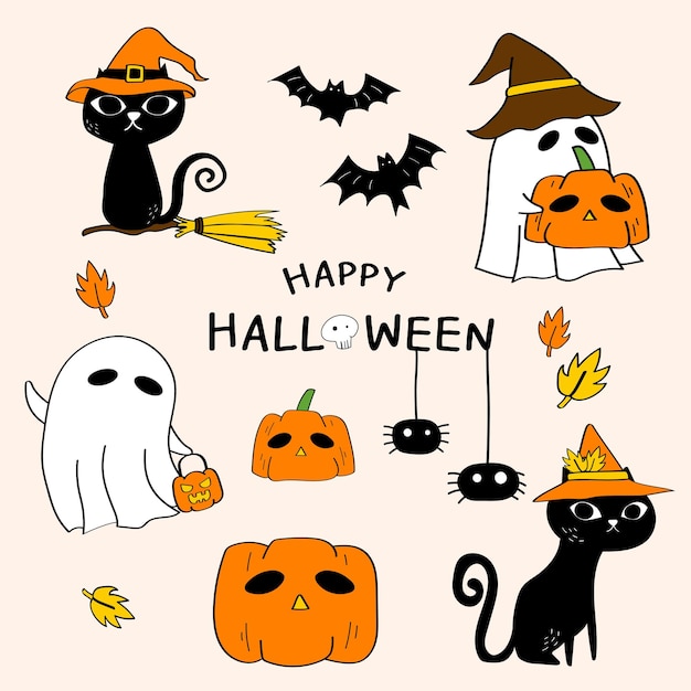 Elemento disegnato a mano di Happy Halloween Day Collezione di cartoni animati Ghost Black Cat Pumpkin Bat Spider