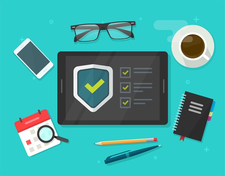 Vettore elenco di controllo di verifica della sicurezza, test digitale, scansione dell'elenco di controllo della spia per frode di identità su tablet, scrivania da lavoro, scrivania, protezione online, protezione web da attacchi di virus internet, guardia di sicurezza