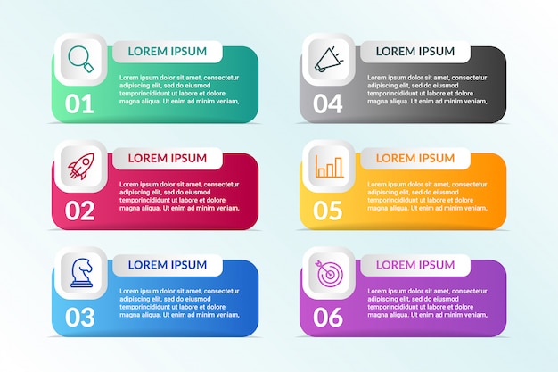 elenco Progettazione infografica con 6 elenchi informazioni