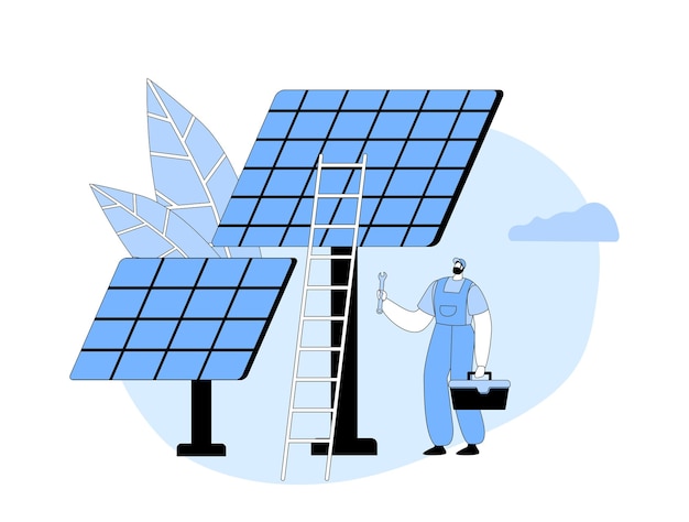 Elettricista che installa pannelli solari Fonti di energia rinnovabile Innovazione tecnica Concetto di energia alternativa
