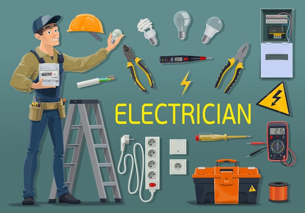 Elettricista con contatore elettrico e strumenti di lavoro