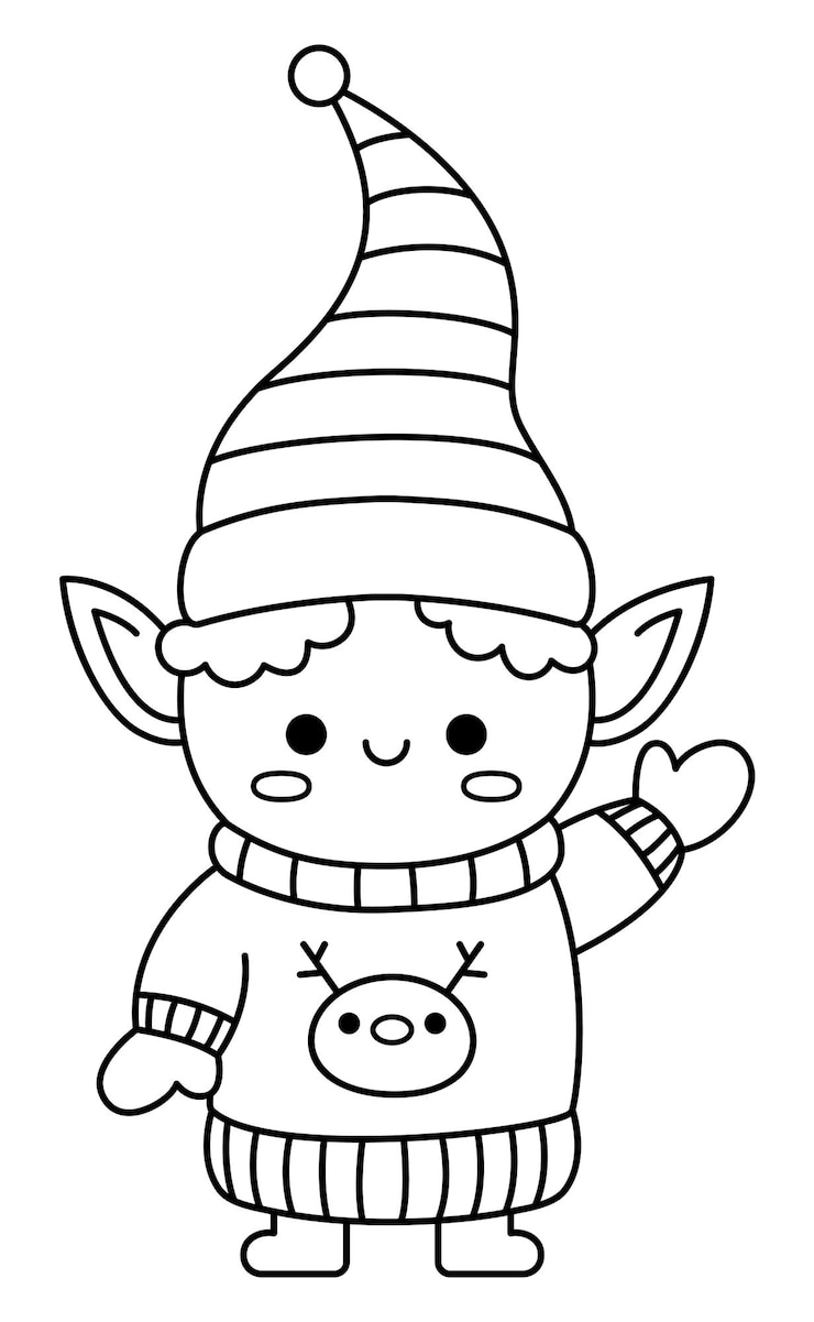 Vettore elfo kawaii vettoriale in bianco e nero con cappello, guanti e maglione. illustrazione carina del personaggio di natale isolato su bianco. capodanno o inverno, nano sorridente, divertente linea icona da colorare pagina