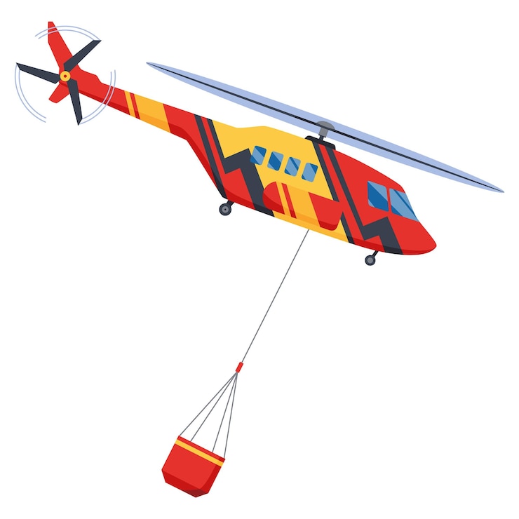 Vettore elicottero per spegnere gli incendi forestali trasporto aereo di soccorso spegnimento remoto degli incendi lotta contro le catastrofi naturali illustrazione vettoriale