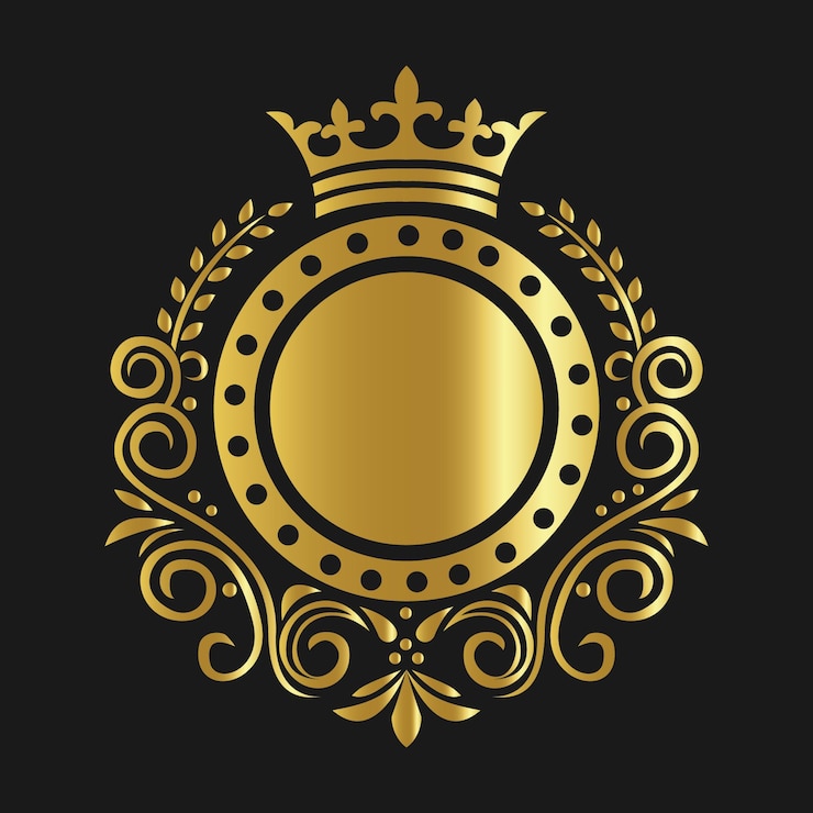 Vettore emblema circolare ornato d'oro con motivi di corona e fioritura su nero