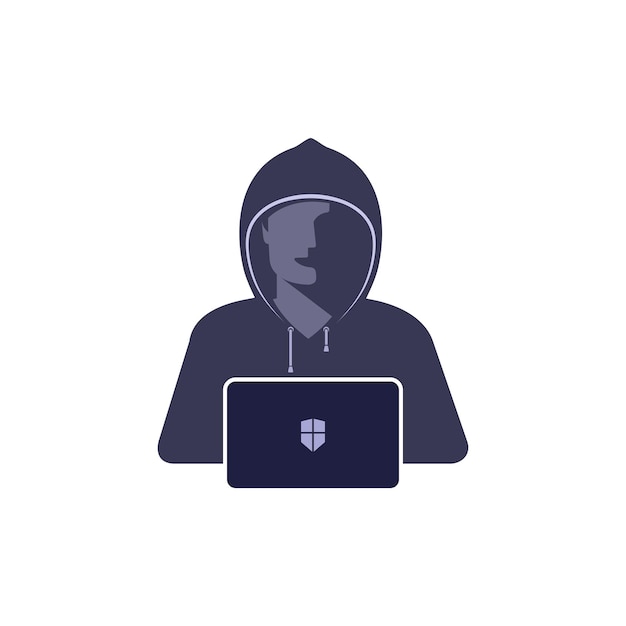 Emblema dell'icona dell'illustrazione vettoriale dell'hacker L'uomo mascherato con cappuccio nascosto hack nel sistema di sicurezza del computer