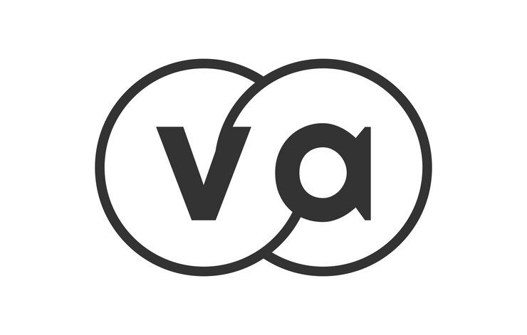 Vettore emblema della società commerciale va con contorni rotondi e lettere v a modello di logo di due cerchi fusi per l'identità del marchio logotipo simbolo vector infinity