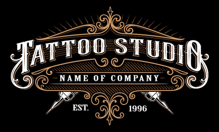 Vettore emblema dello studio del tatuaggio dell'annata. lettering tatuaggio in cornice in stile retrò. il testo è sul livello separato. (versione per sfondo scuro)