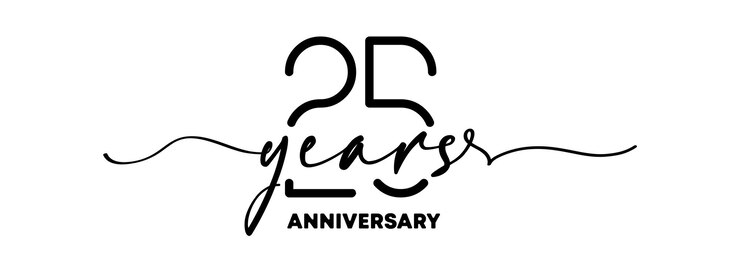 Emblema di anniversario di 25 anni. Distintivo o etichetta anniversario. 25a celebrazione e elemento di design di congratulazioni. Uno stile di linea. Vettore Eps 10. Isolato su priorità bassa.