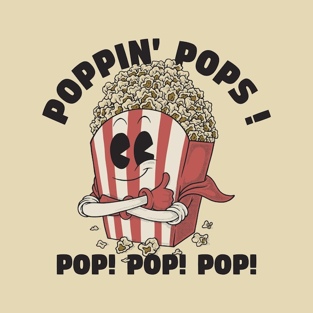 emblema di cartone animato retro di super popcorn