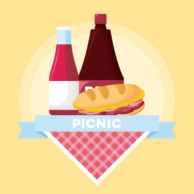 emblema di pic-nic con nastro decorativo e bottiglie di salsa e sandwich su sfondo giallo, colorato