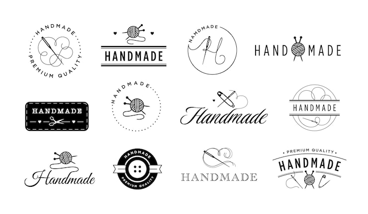 Vettore emblema fatto a mano etichetta artigianale per maglieria badge per maglieria e cucito con set di illustrazioni vettoriali per ago e filo
