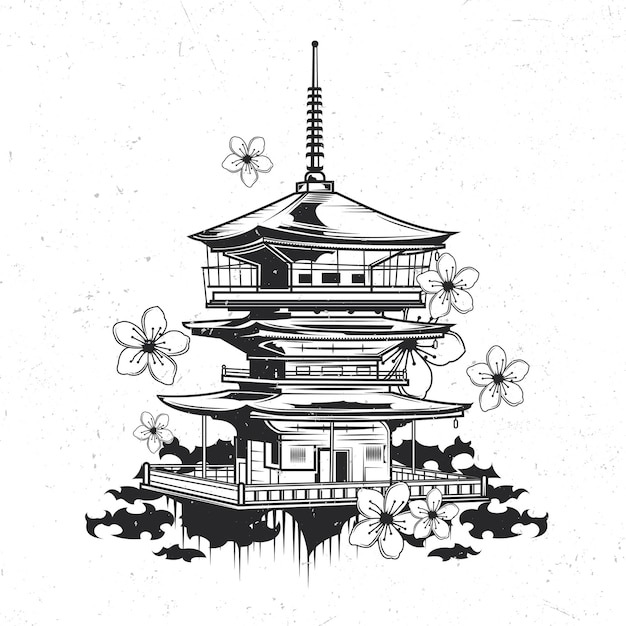 Emblema isolato con illustrazione del tempio giapponese