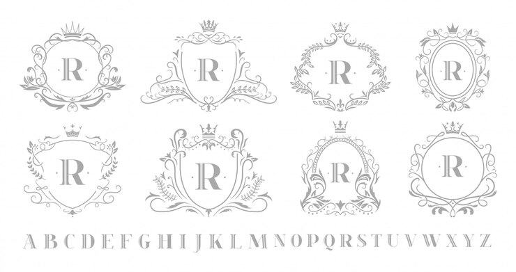 Vettore emblema monogramma vintage. emblemi di lusso ornamentali di arte retrò, corona di monogrammi reali corona e insieme dell'illustrazione della struttura di turbinii di nozze