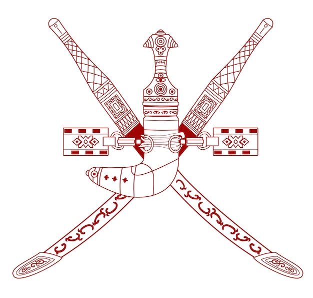 Emblema nazionale dell'Oman (stemma) pugnale Khanjar e due spade incrociate.