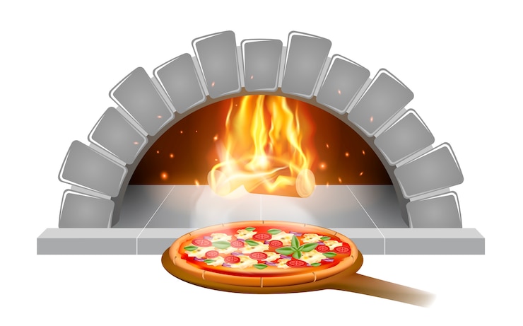 Vettore emblema o etichetta dell'illustrazione della pizza del forno della pietra del mattone per il menu della pizzeria, isolato su fondo bianco