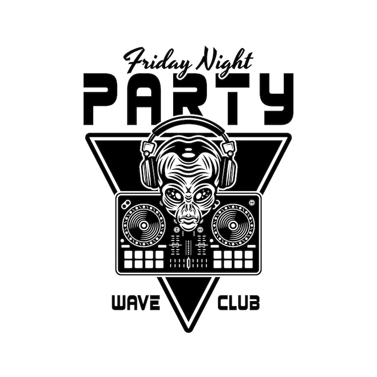 Vettore emblema vettoriale del club notturno dj con testa aliena in cuffie e illustrazione del controller del mixer dj isolato su sfondo bianco